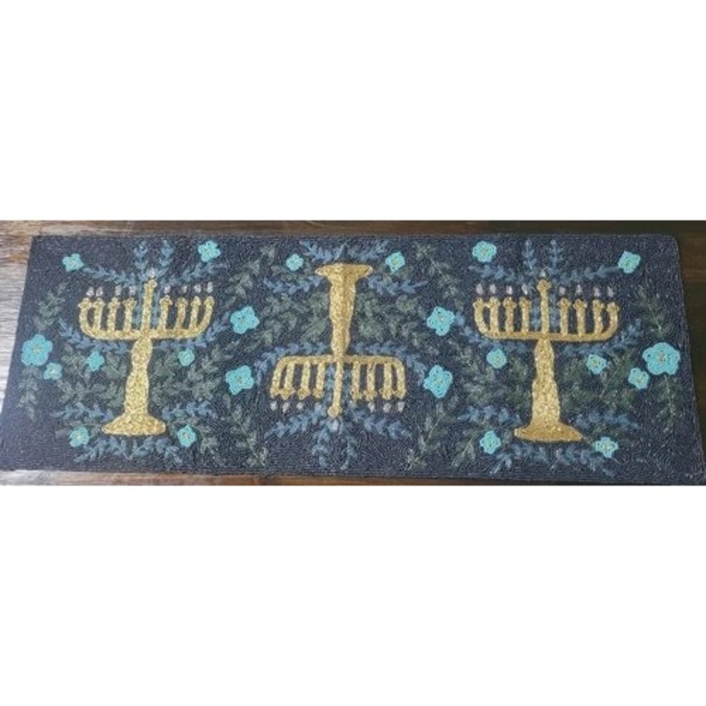 Kohls Hanukkah Table Runner Navy Blue Gold Beaded Menorah Floral 24STLHORN21 NEW